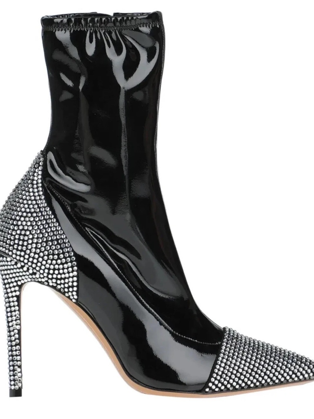 Black Patent Crystal-Embellished Pointed Stiletto Ankle Boots